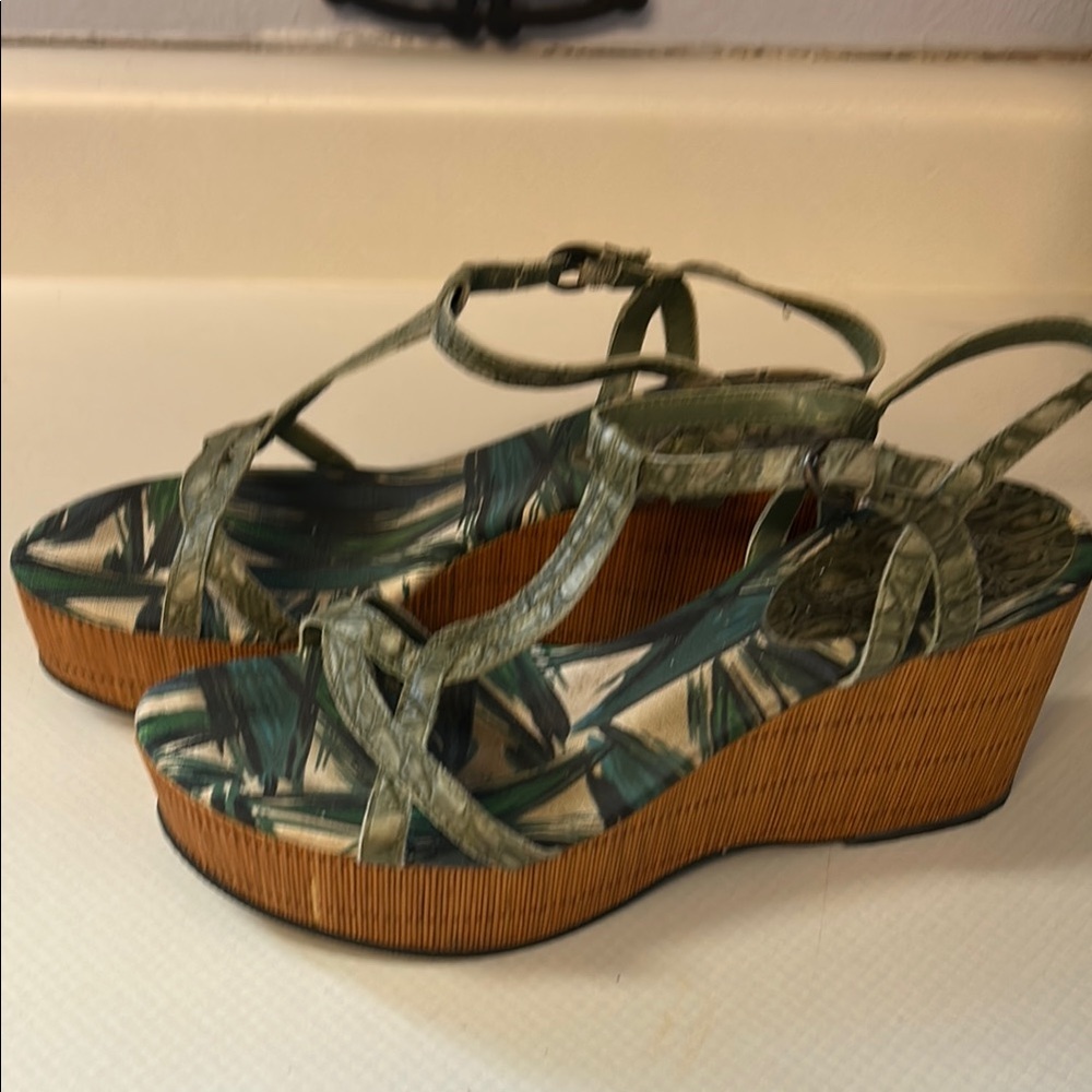 Nine West Green Patterned Wedge Sandals